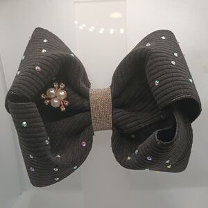Chic Black Hair Bow with Pearl and Rhinestone Detail